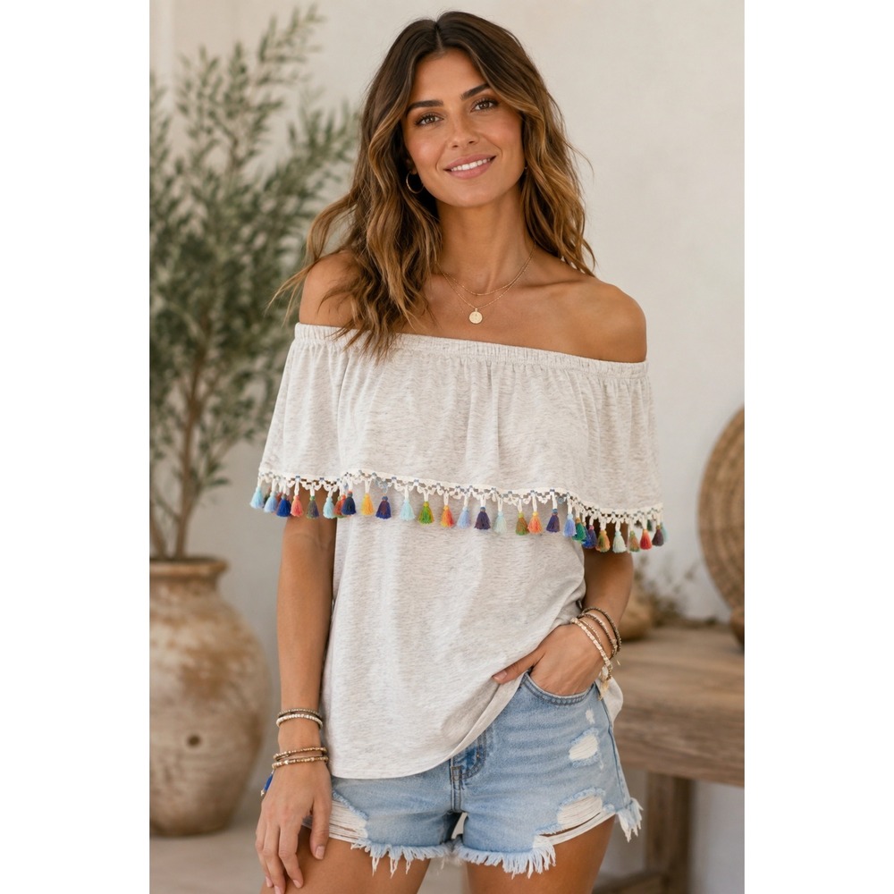 Pebble and Stone Off The Shoulder Tassel Fringe Pom Pom Top Cream Large Boho